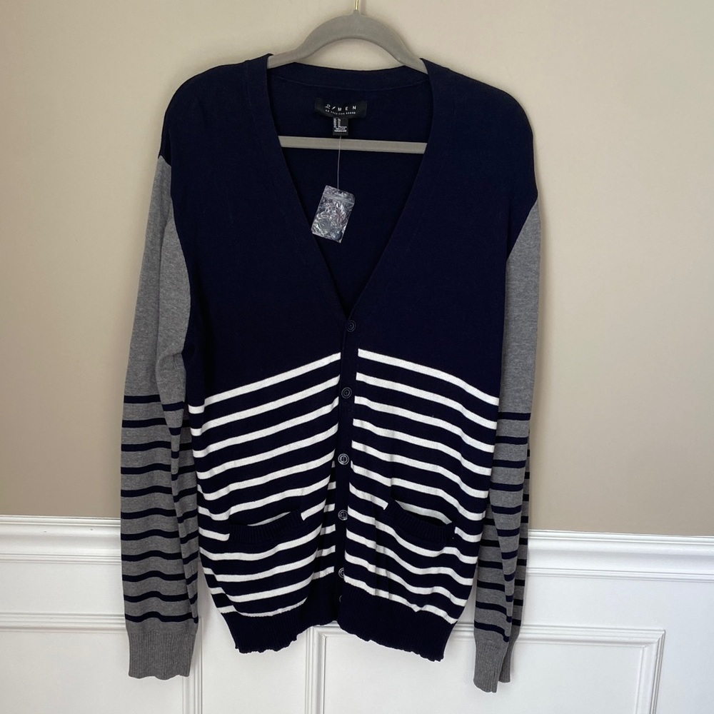 Men’s Striped Navy/Gray/White Cardigan‎ - XL, NWOT Grandpa Core Academia Preppy